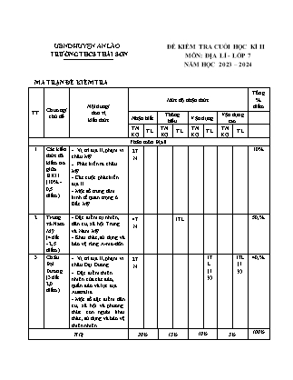 Đề kiểm tra cuối học kì II Lịch sử và Địa lí 7 - Năm học 2023-2024 - Trường THCS Thái Sơn (Có đáp án + Ma trận)