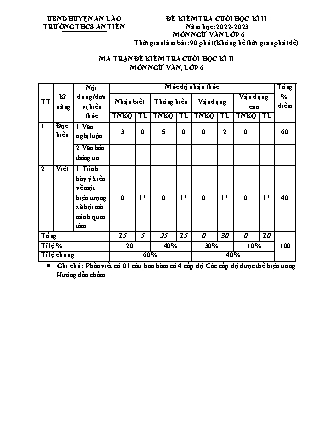 Đề kiểm tra cuối học kì II Ngữ Văn 6 - Năm học 2022-2023 - Trường THCS An Tiến (Có đáp án + Ma trận)