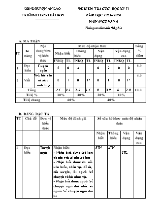 Đề kiểm tra cuối học kì II Ngữ văn 6 - Năm học 2023-2024 - Trường THCS Thái Sơn (Có đáp án + Ma trận)