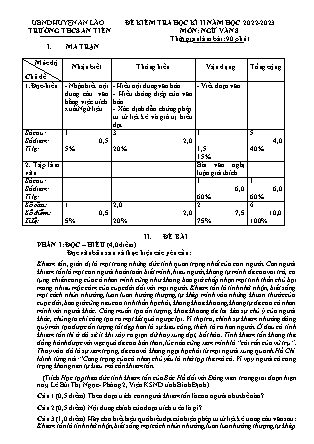 Đề kiểm tra cuối học kì II Ngữ Văn 8 - Năm học 2022-2023 - Trường THCS An Tiến (Có đáp án + Ma trận)