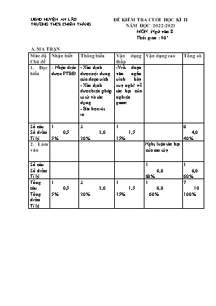 Đề kiểm tra cuối học kì II Ngữ Văn 8 - Năm học 2022-2023 - Trường THCS Chiến Thắng (Có đáp án + Ma trận)