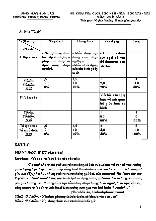 Đề kiểm tra cuối học kì II Ngữ Văn 8 - Năm học 2022-2023 - Trường THCS Quang Trung (Có đáp án + Ma trận)