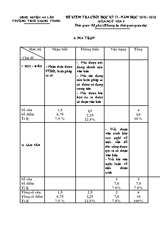 Đề kiểm tra cuối học kì II Ngữ Văn 9 - Năm học 2022-2023 - Trường THCS Quang Trung (Có đáp án + Ma trận)