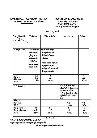 Đề kiểm tra cuối học kì II Ngữ Văn 9 - Năm học 2022-2023 - Trường THCS Chiến Thắng (Có đáp án + Ma trận)