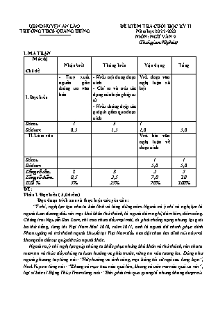 Đề kiểm tra cuối học kì II Ngữ Văn 9 - Năm học 2022-2023 - Trường THCS Quang Hưng (Có đáp án + Ma trận)