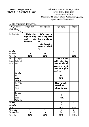 Đề kiểm tra cuối học kì II Ngữ Văn 9 - Năm học 2022-2023 - Trường THCS Trường Sơn (Có đáp án + Ma trận)