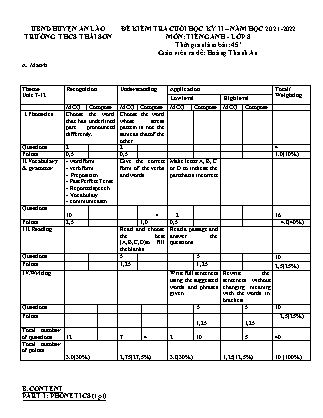 Đề kiểm tra cuối học kì II Tiếng Anh 8 - Năm học 2021-2022 - Trường THCS Thái Sơn (Có đáp án + Ma trận)