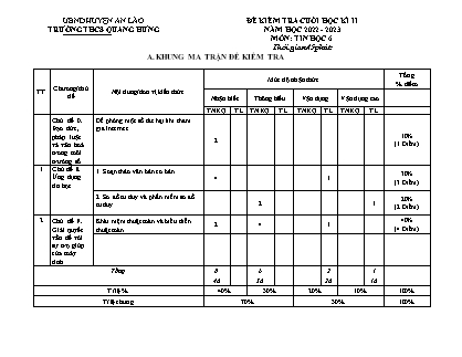 Đề kiểm tra cuối học kì II Tin học 6 - Năm học 2022-2023 - Trường THCS Quang Hưng (Có đáp án + Ma trận)