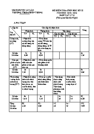 Đề kiểm tra cuối học kì II Vật lí 8 - Năm học 2022-2023 - Trường THCS Chiến Thắng (Có đáp án + Ma trận)