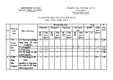 Đề kiểm tra cuối học kỳ II Công nghệ 6 - Năm học 2022-2023 - Trường THCS An Thắng (Có đáp án + Ma trận)