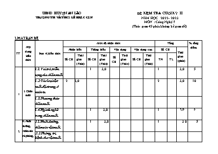 Đề kiểm tra cuối học kỳ II Công nghệ 7 - Năm học 2022-2023 - Trường TH và THCS Lê Khắc Cẩn (Có đáp án + Ma trận)