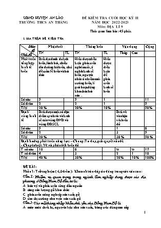 Đề kiểm tra cuối học kỳ II Địa lí 9 - Năm học 2022-2023 - Trường THCS An Thắng (Có đáp án + Ma trận)