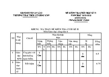 Đề kiểm tra cuối học kỳ II Giáo dục công dân 6 - Năm học 2022-2023 - Trường TH và THCS Lê Khắc Cẩn (Có đáp án + Ma trận)