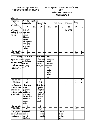 Đề kiểm tra cuối học kỳ II Giáo dục công dân 8 - Năm học 2022-2023 - Trường THCS Bát Trang (Có đáp án + Ma trận)