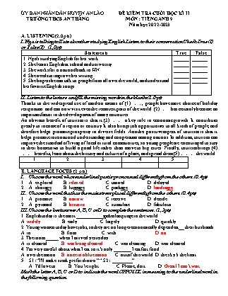Đề kiểm tra cuối học kỳ II Tiếng Anh 9 - Năm học 2022-2023 - Trường THCS An Thắng (Có đáp án + Ma trận)