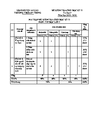 Đề kiểm tra cuối học kỳ II Tin học 7 - Năm học 2022-2023 - Trường THCS An Thắng (Có đáp án + Ma trận)