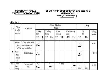 Đề kiểm tra cuối kì II Giáo dục công dân 6 - Năm học 2022-2023 - Trường THCS Quốc Tuấn (Có đáp án + Ma trận)