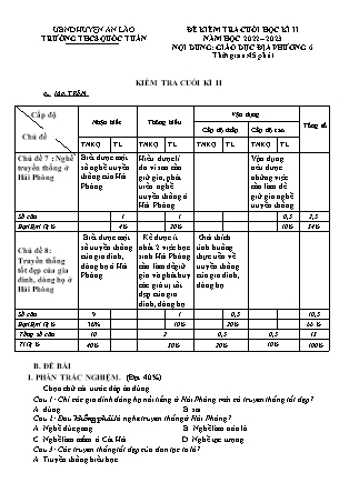 Đề kiểm tra cuối kì II Giáo dục địa phương 6 - Năm học 2022-2023 - Trường THCS Quốc Tuấn (Có đáp án + Ma trận)