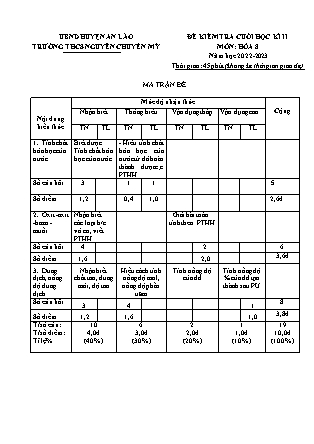 Đề kiểm tra cuối kì II Hóa học 8 - Năm học 2022-2023 - Trường THCS Chuyên Mỹ (Có đáp án + Ma trận)