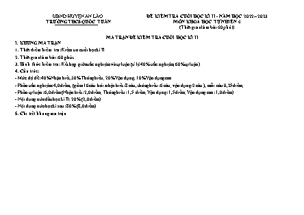 Đề kiểm tra cuối kì II Khoa học tự nhiên 6 - Năm học 2022-2023 - Trường THCS Quốc Tuấn (Có đáp án + Ma trận)