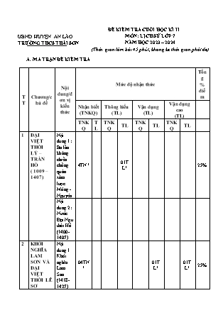 Đề kiểm tra cuối kì II Lịch sử 7 - Năm học 2023-2024 - Trường THCS Thái Sơn (Có đáp án + Ma trận)