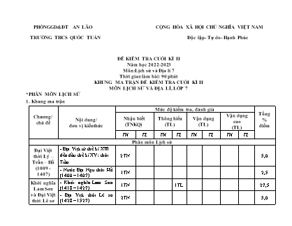 Đề kiểm tra cuối kì II Lịch sử và Địa lí 7 - Năm học 2022-2023 - Trường THCS Quốc Tuấn (Có đáp án + Ma trận)