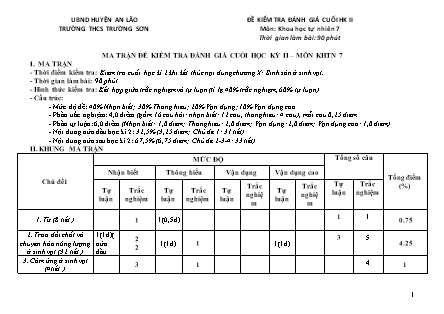 Đề kiểm tra đánh giá cuối học kì II Khoa học tự nhiên 7 - Năm học 2022-2023 - Trường THCS Trường Sơn (Có đáp án + Ma trận)