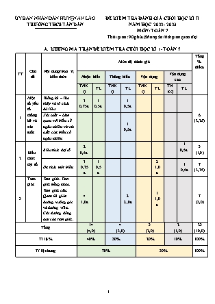 Đề kiểm tra đánh giá cuối học kì II Toán 7 - Năm học 2022-2023 - Trường THCS Tân Dân (Có đáp án + Ma trận)