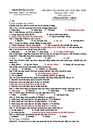 Đề kiểm tra đánh giá cuối học kỳ II Vật lý 8 - Năm học 2022-2023 - Trường THCS An Thắng (Có đáp án + Ma trận)