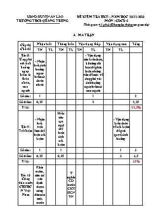 Đề kiểm tra học kì II Giáo dục công dân 6 - Năm học 2022-2023 - Trường THCS Quang Trung (Có đáp án + Ma trận)