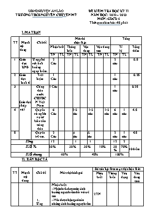 Đề kiểm tra học kì II Giáo dục công dân 6 - Năm học 2022-2023 - Trường THCS Chuyên Mỹ (Có đáp án + Ma trận)