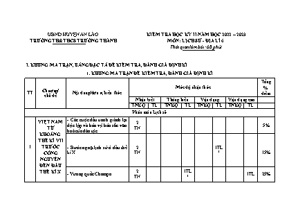Đề kiểm tra học kì II Lịch sử và Địa lí 6 - Năm học 2022-2023 - Trường THCS Trường Thành (Có đáp án + Ma trận)