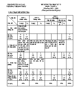 Đề kiểm tra học kì II Toán 6 - Năm học 2022-2023 - Trường THCS Mỹ Đức (Có đáp án + Ma trận)