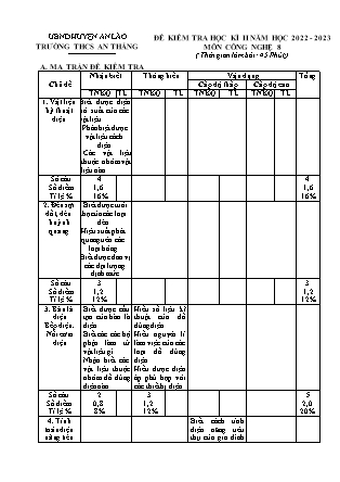 Đề kiểm tra học kỳ II Công nghệ 8 - Năm học 2022-2023 - Trường THCS An Thắng (Có đáp án + Ma trận)