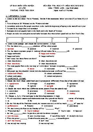 File nghe + Đề kiểm tra cuối học kì I Tiếng Anh 8 - Năm học 2022-2023 - Lê Thị Hoài (Có đáp án + Ma trận)