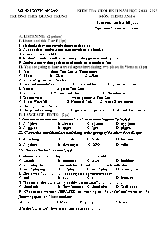 File nghe + Đề kiểm tra cuối học kì II Tiếng Anh 6 - Năm học 2022-2023 - Trường THCS Quang Trung (Có đáp án + Ma trận)