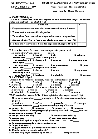 File nghe + Đề kiểm tra cuối học kì II Tiếng Anh 9 - Năm học 2022-2023 - Hoàng Thanh An (Có đáp án + Ma trận)