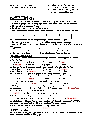 File nghe + Đề kiểm tra cuối học kỳ II Tiếng Anh 8 - Năm học 2022-2023 - Trường THCS An Thắng (Có đáp án + Ma trận)