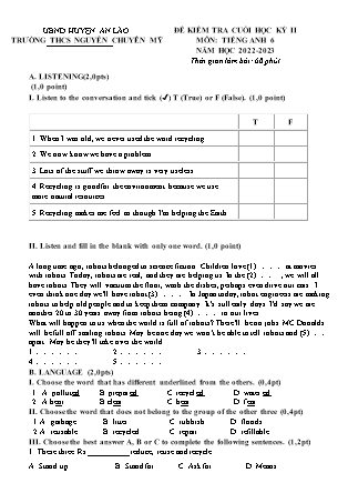 File nghe + Đề kiểm tra cuối kì II Tiếng Anh 6 - Năm học 2022-2023 - Trường THCS Chuyên Mỹ (Có đáp án + Ma trận)