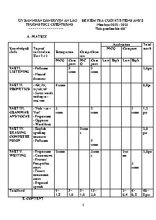 File nghe + Đề kiểm tra cuối kì II Tiếng Anh 8 - Năm học 2021-2022 - Trường THCS Chiến Thắng (Có đáp án + Ma trận)