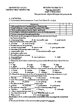 File nghe + Đề kiểm tra học kì II Tiếng Anh 7 - Năm học 2022-2023 - Trường THCS Trường Thọ (Có đáp án + Ma trận)