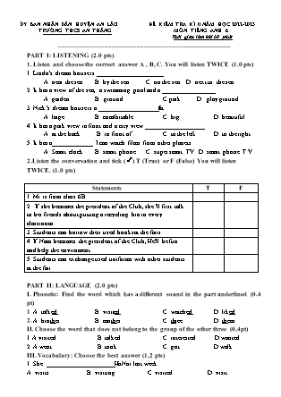 File nghe + Đề kiểm tra học kỳ II Tiếng Anh 6 - Năm học 2022-2023 - Trường THCS An Thắng (Có đáp án + Ma trận)